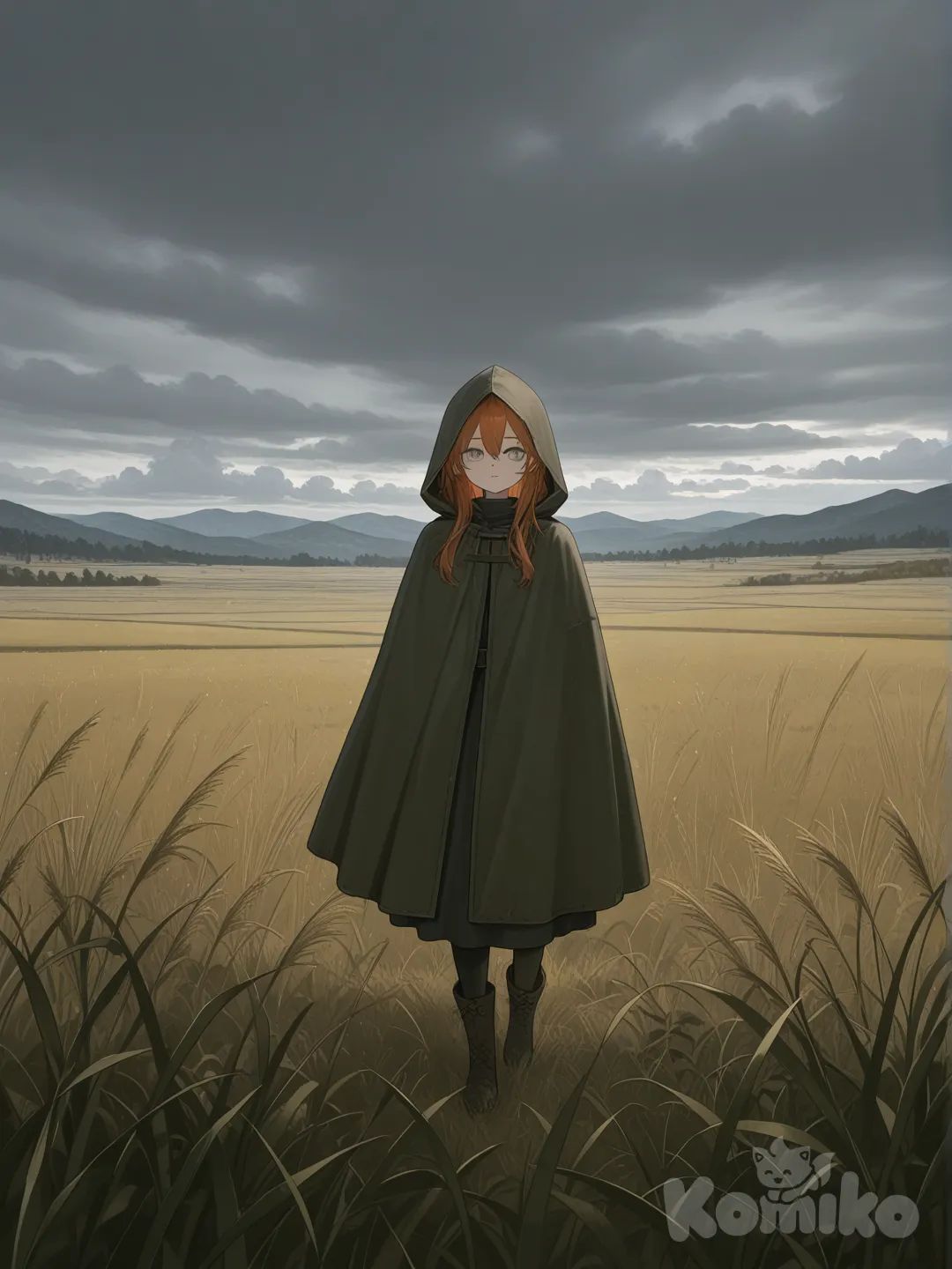 Scene: Cloudy moorlands
Girls: 1
Appearance: Gray eyes, copper hair, hooded cloak
Action: Walking through tall grass