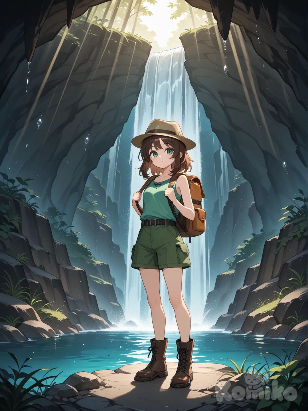 Scene: Waterfall cave with sunlight beams
Girls: 1
Appearance: Green eyes, chestnut hair, adventure outfit
Action: Standing behind the waterfall veil