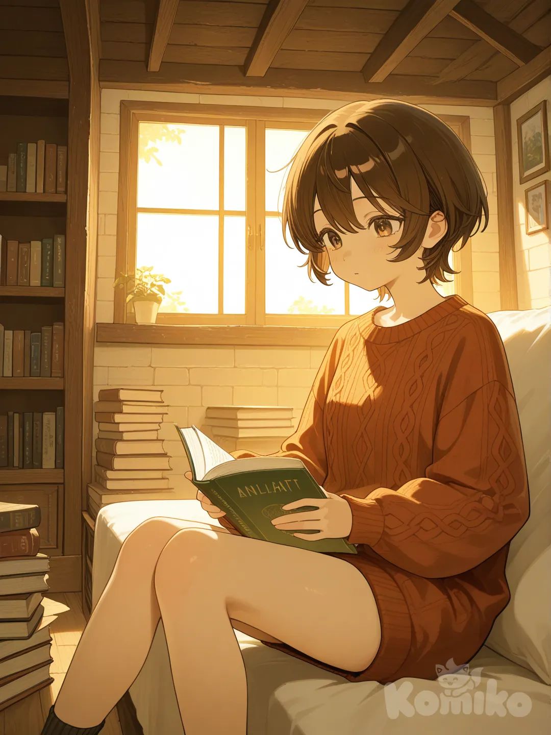 Scene: Cozy attic room full of books
Girls: 1
Appearance: Hazel eyes, brown short hair, oversized sweater
Action: Sitting by a small window reading