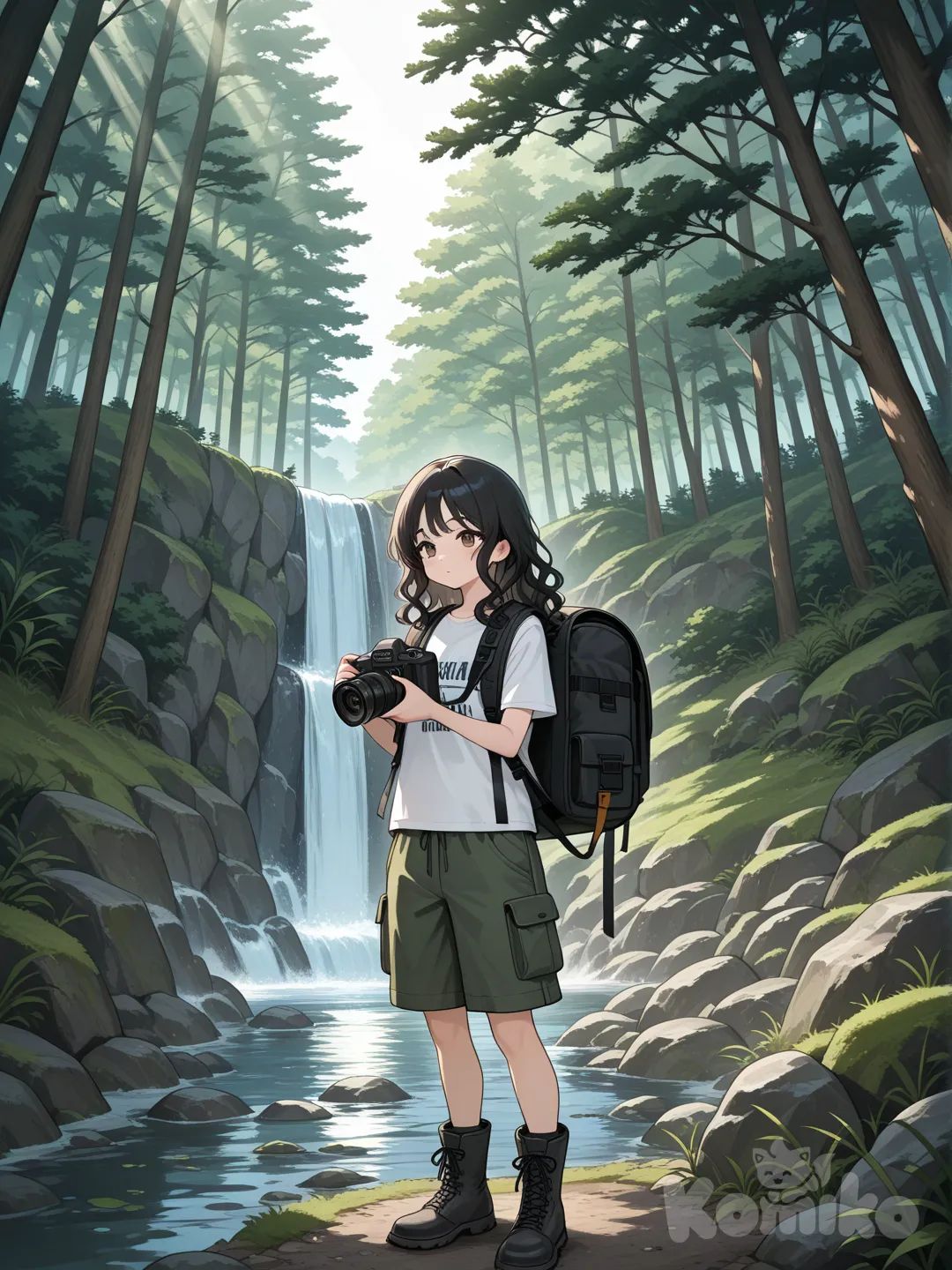 Scene: Forest river waterfall
Girls: 1
Appearance: Hazel eyes, black wavy hair, hiking gear
Action: Taking a photo of the waterfall