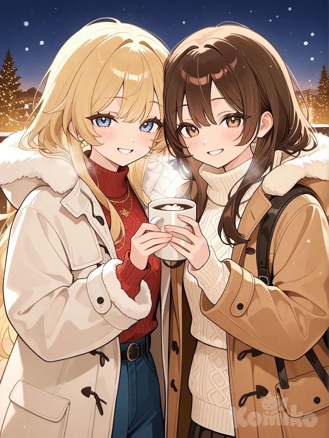 – Girl 1: Blue eyes, white-blonde hair, fluffy coat
– Girl 2: Hazel eyes, dark hair, knitted sweater
Action: Carrying warm cocoa cups