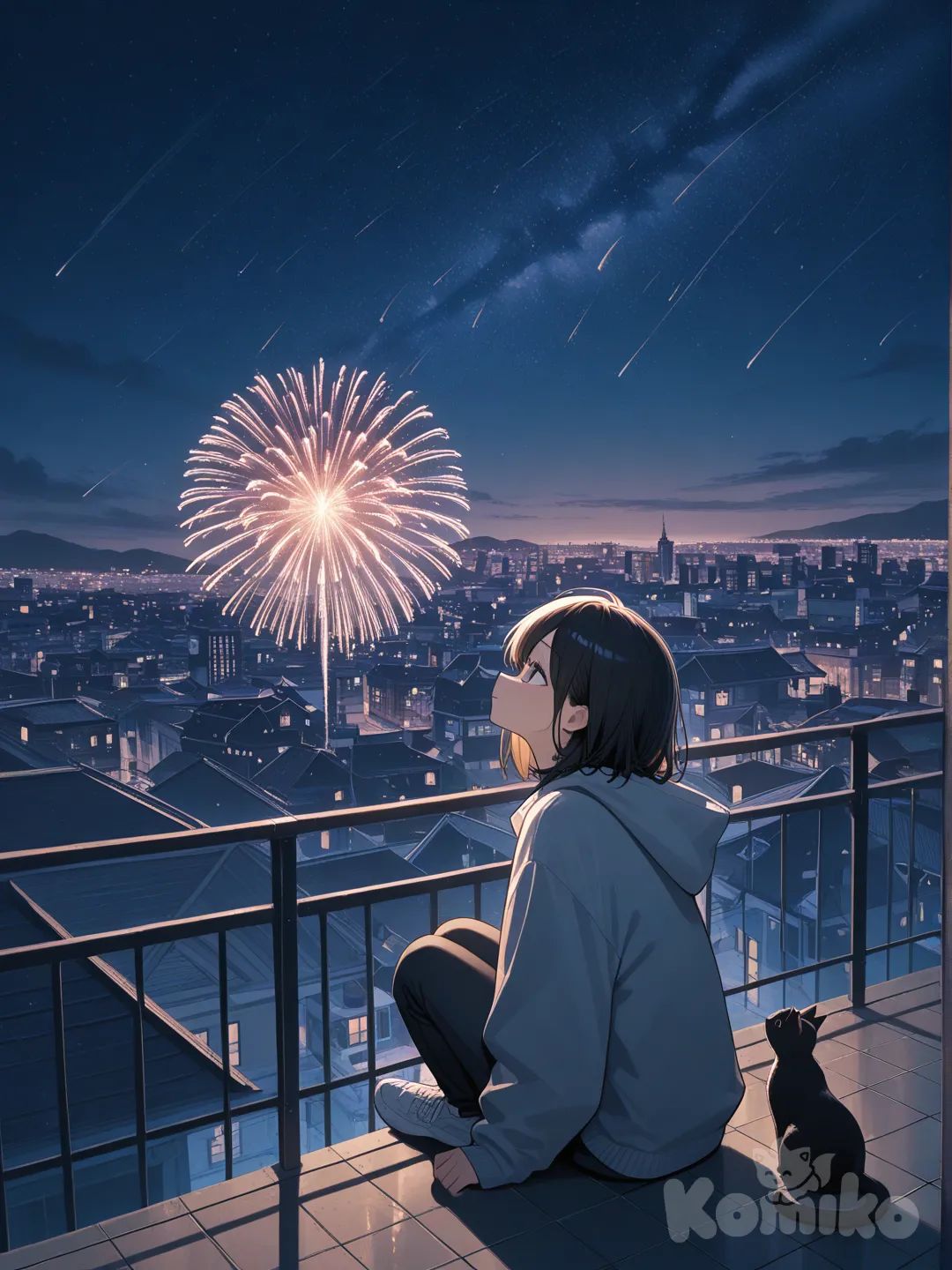 A cat and a girl sitting on a rooftop, watching fireworks
