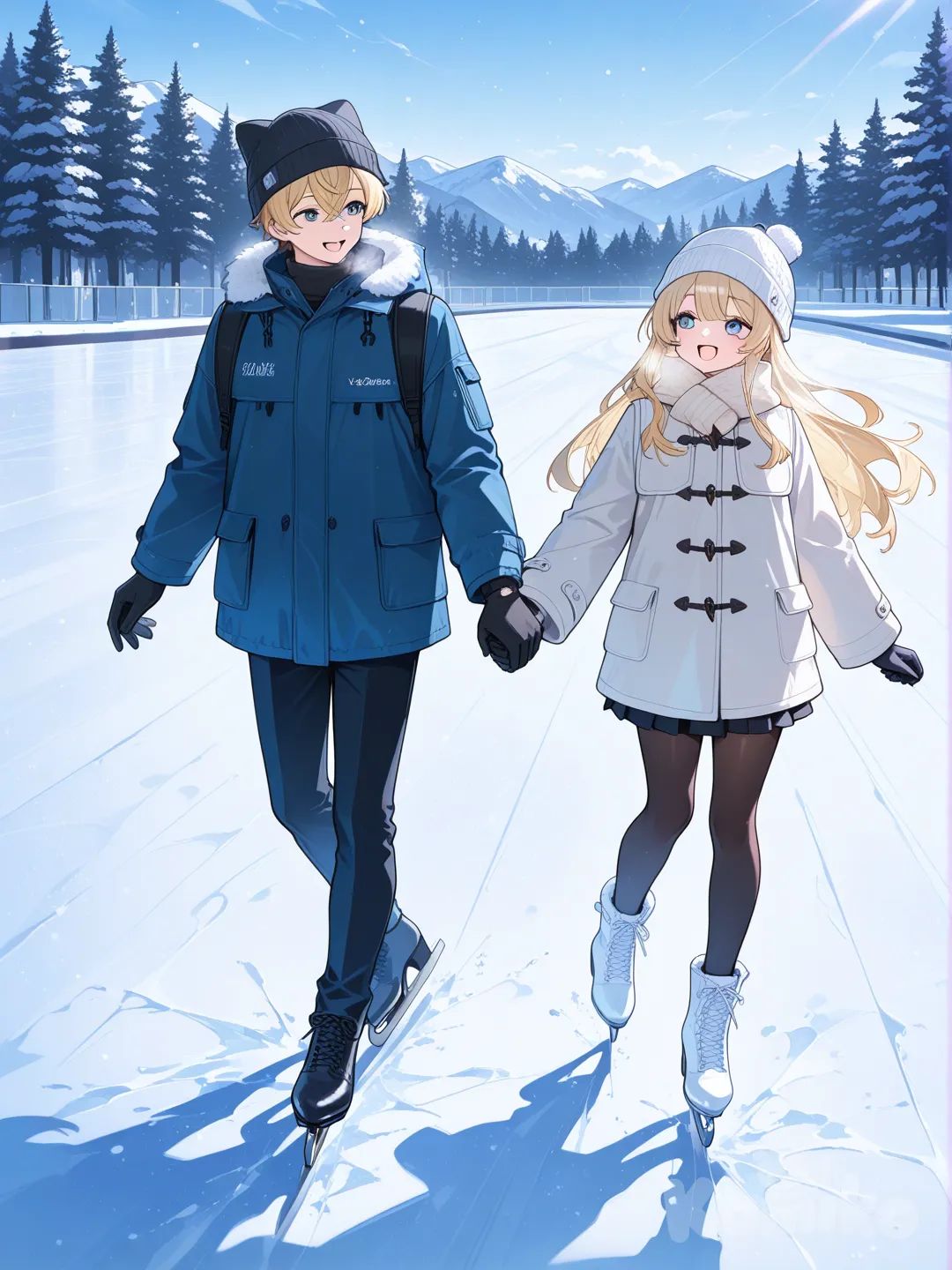 1boy, 1girl, 2people, scating on ice, holding hands, hats, gloves, coats, girl has blonde hair, boy has dirty blonde hair