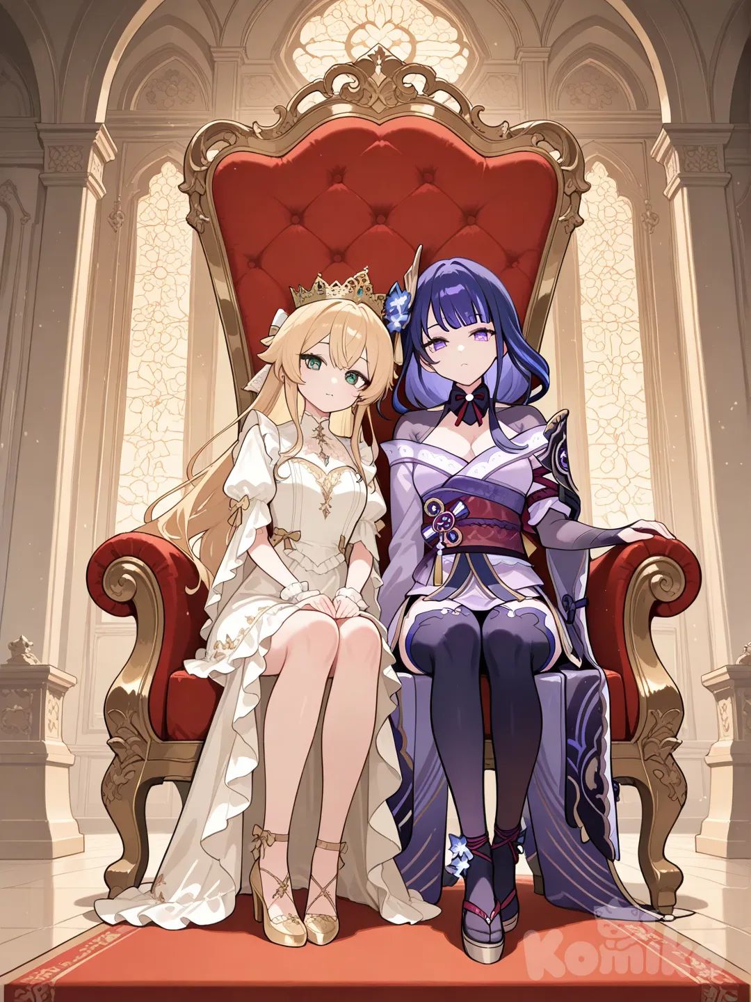 2girls, @Raiden_Shogun,blonde hair,brown hair, crowns, blue eyes, green eyes, dress, royal chair