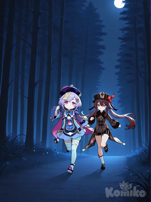 @Qiqi_(Genshin_Impact), Running away, expressionless, / @Hu_Tao_(Genshin_Impact), Running and chasing, full body, smile, night, forest