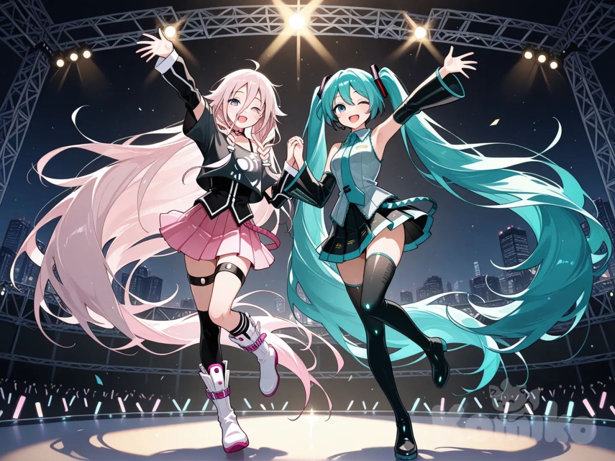@Hatsune_Miku, @Ia_(Vocaloid), Singing together on stage, singing, waving, smile, laughing, one eye closed, open mouth, holding hands, full body, looking at viewer, stage light, night, skyscraper