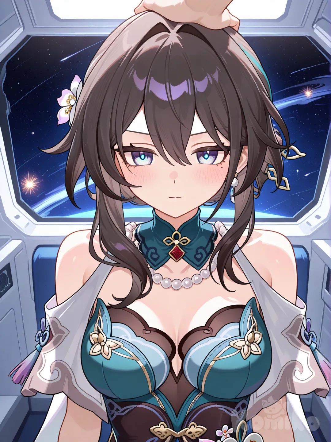 space station,@Ruan_Mei_(Honkai:Star_Rail),Smile, pat his head @Herta_(Honkai:Star_Rail), @Herta_(Honkai:Star_Rail), blush, expressionless, angry