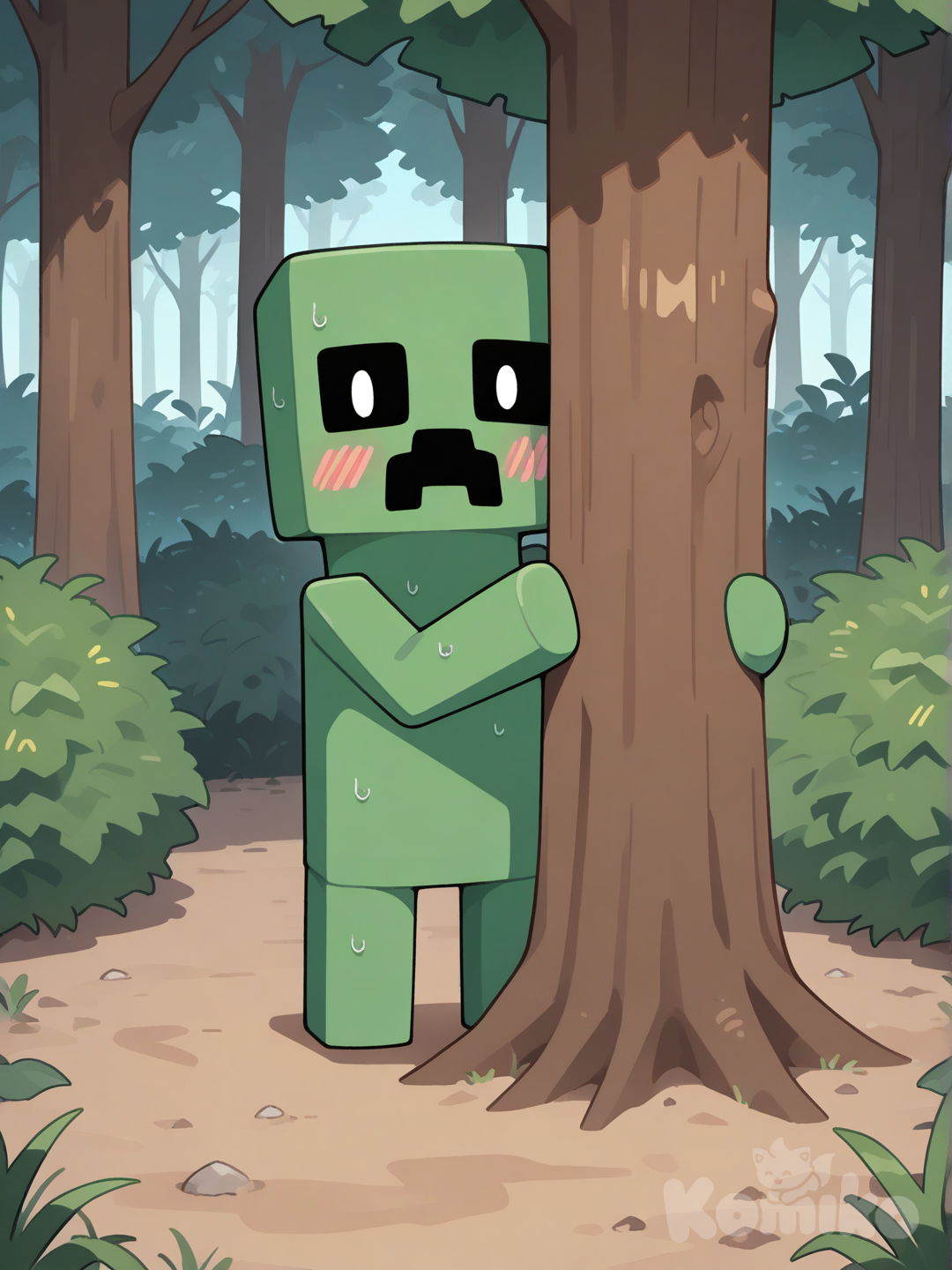 minecraft, @Creeper,hid behind a tree, blush