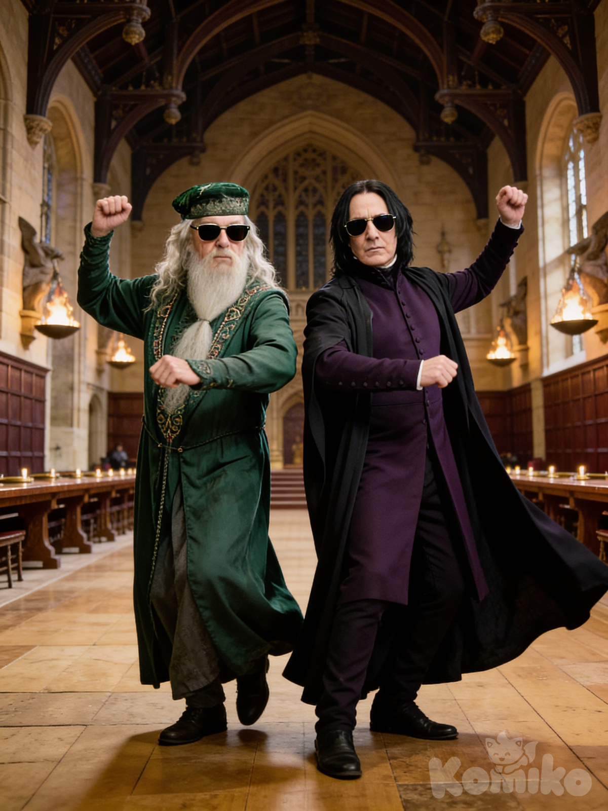 @Albus_Dumbledore, @Severus_Snape,Wear sunglasses, Dancing (meme) in Hogwarts Castle