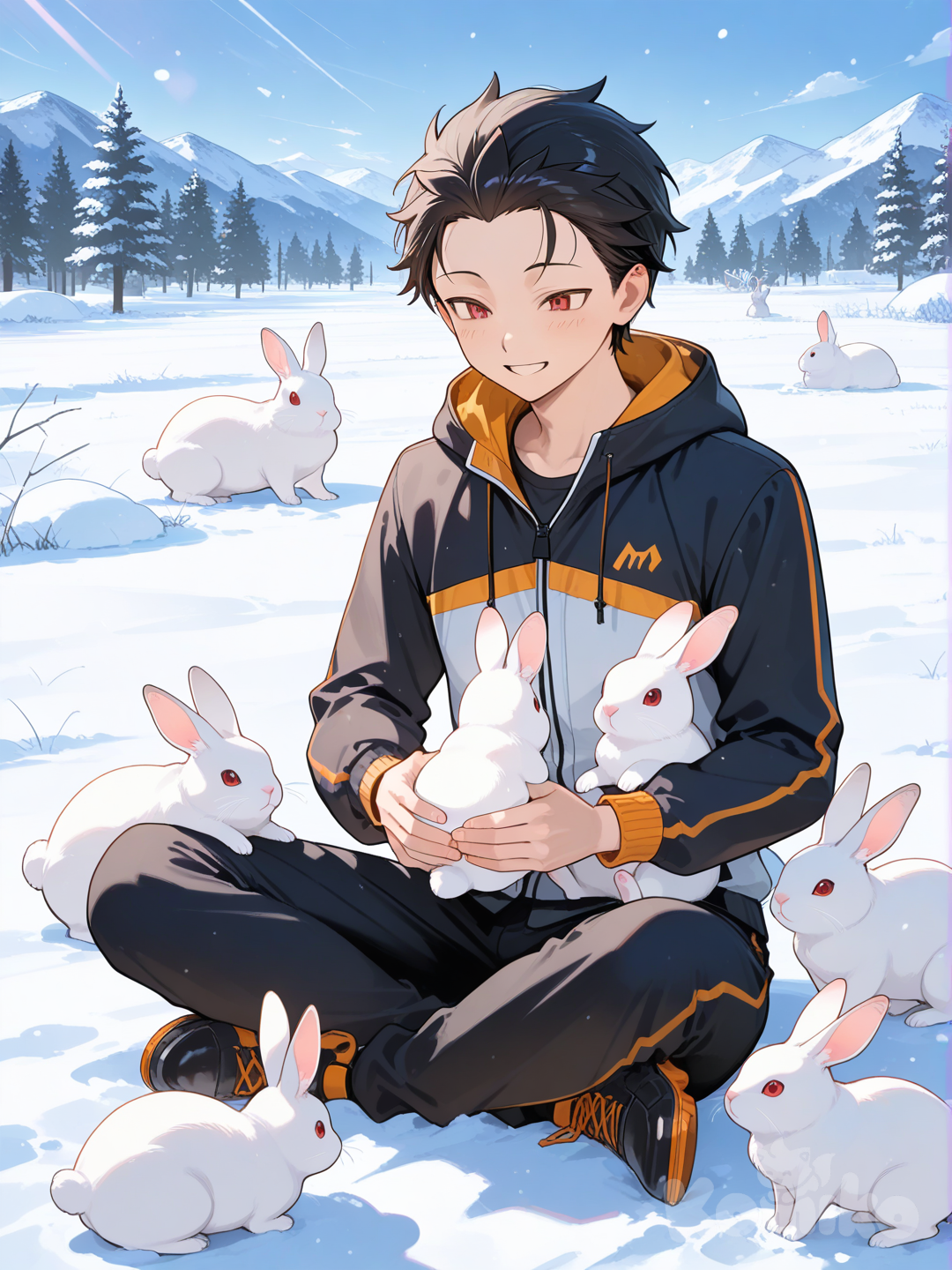 @Natsuki_Subaru, snowy, field, day,He was sitting and playing with a group of small, white, horned rabbits with red eyes.