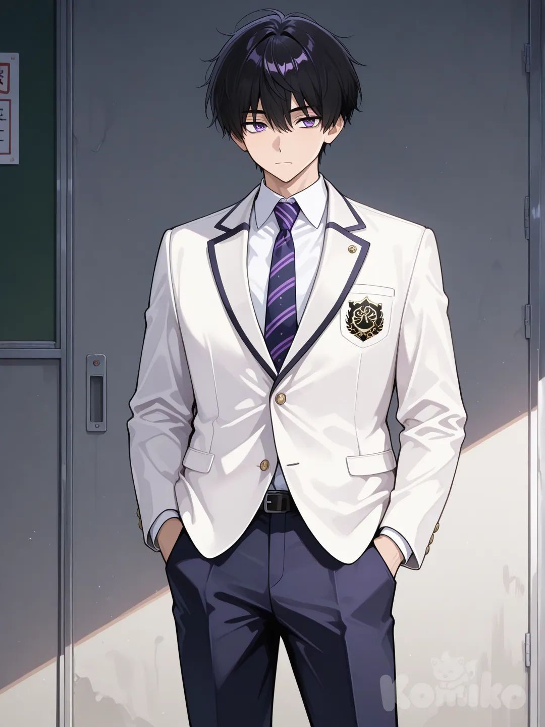 tall japanese male, jet black hair, purple eyes, white school uniform, white blazer, hands in pockets