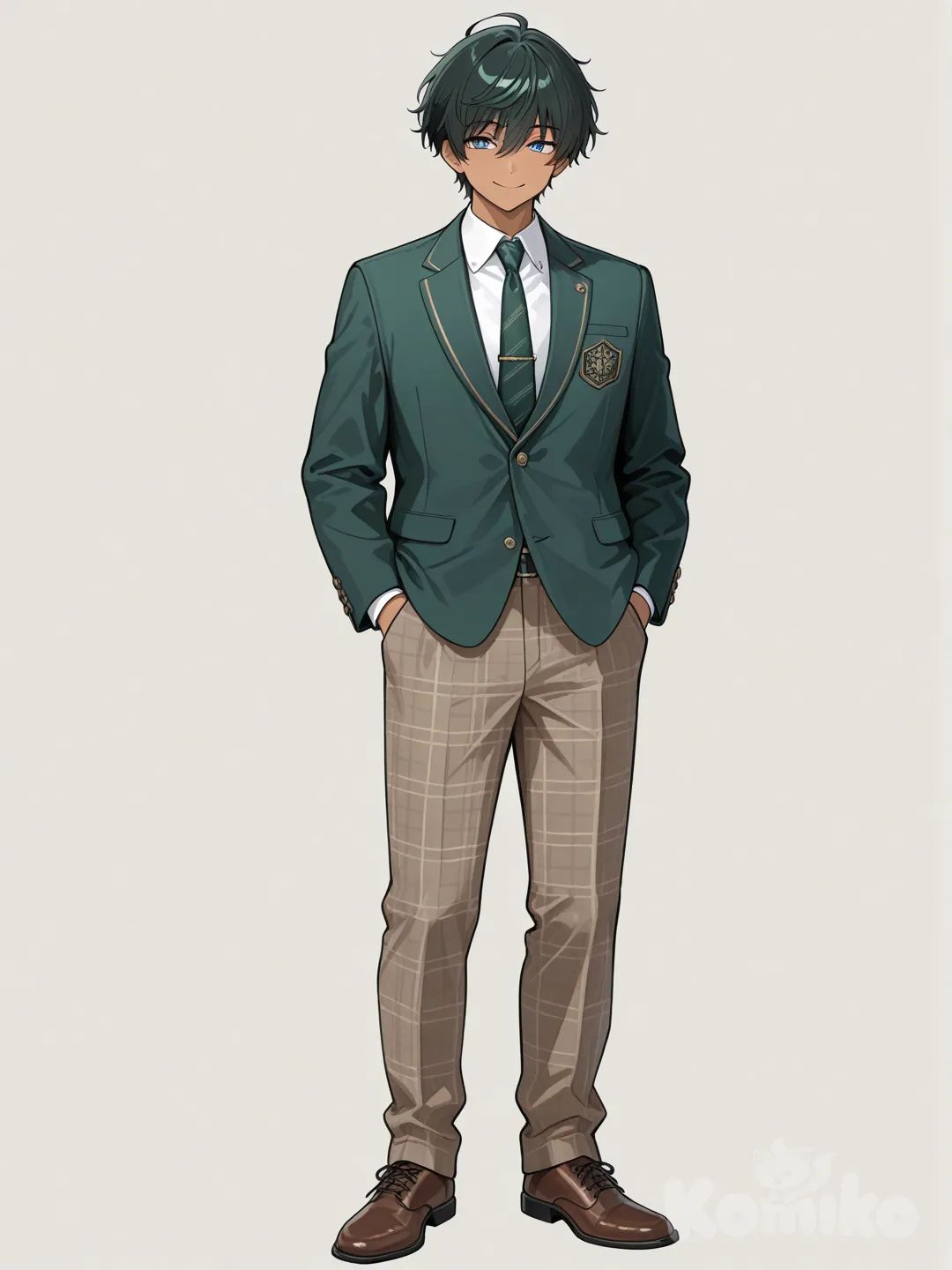 japanese male, black hair, blue eyes, dark green blazer, dark green tie, tan plaid pants, hands in pockets, smile