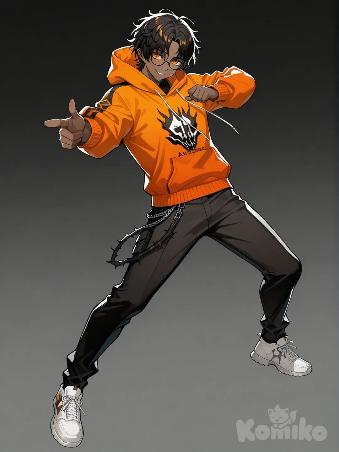 japanese male, glasses, dark skin, orange eyes, orange hoodie, long black pants, white sneakers thorns (arknights), messy black hair, persona style, smile, pointing at viewer