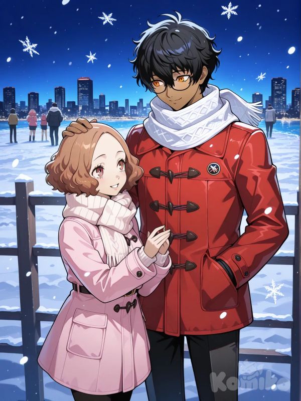tall japanese male, dark skin, glasses, orange eyes, messy black hair, persona style, smile, beach, red winter coat, white scarf, black pants, hands in pockets, snowflakes, tokyo (city), 2people, okumura haru, headpat