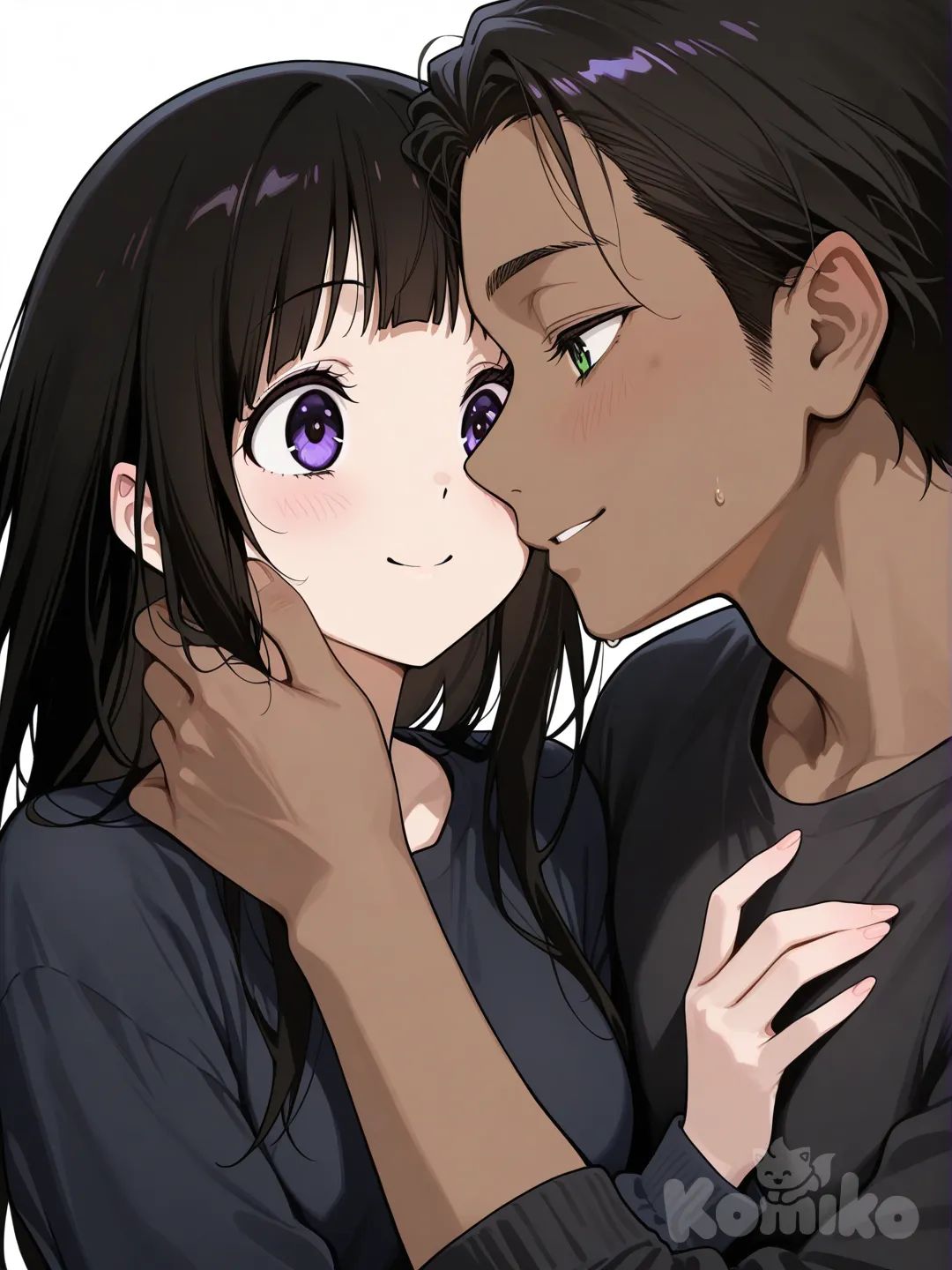 japanese boy, dark skin, black hair, pointy ears, green eyes, black long sleeved shirt

1boy, 1girl, chitanda eru, full body, smile, forehead-to-forehead