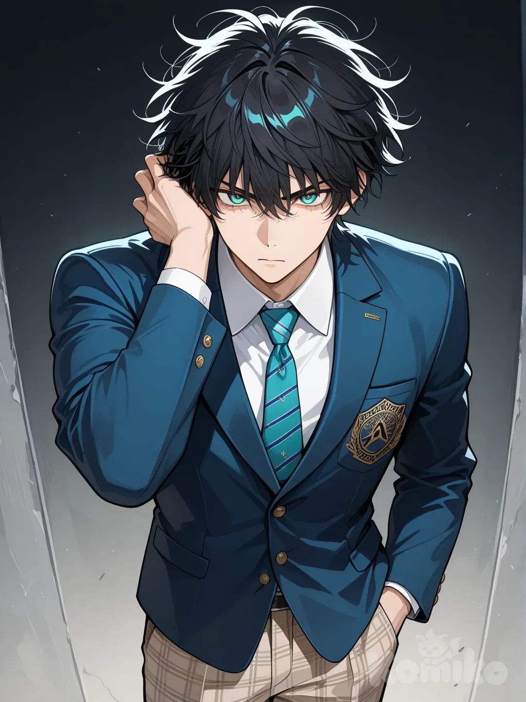 muscular japanese male, messy black hair, cyan eyes, blue blazer, turquoise tie, light brown plaid pants, hand in own hair, cold stare