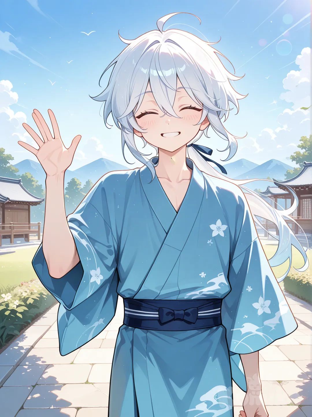young japanese male, closed eyes, long white hair, low ponytail, sky blue kimono, smile, waving