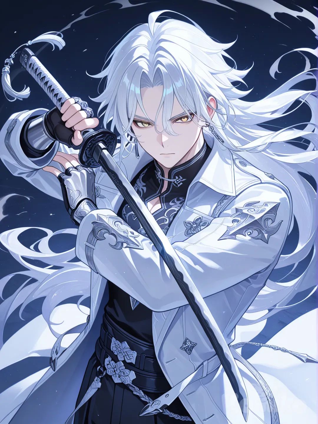 japanese male, white hair, long hair, yellow eyes, earrings, long white trench coat, silver metal gauntlets, fingerless gloves, holding katana, white aura, calm, aiming