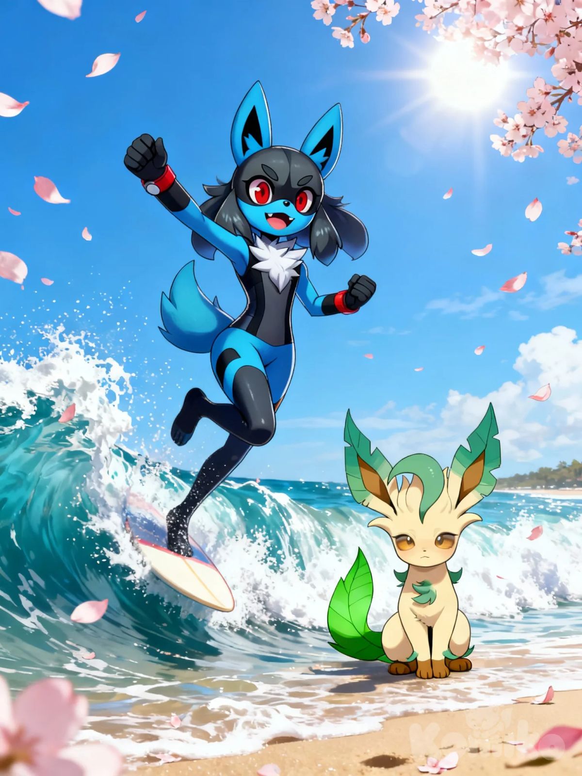 entrenadora con su traje de lucario junto a su, pokemon leafeon en la playa saltando entre as olas surfeando y rodeadas de ojas de seresos , @Leafeon