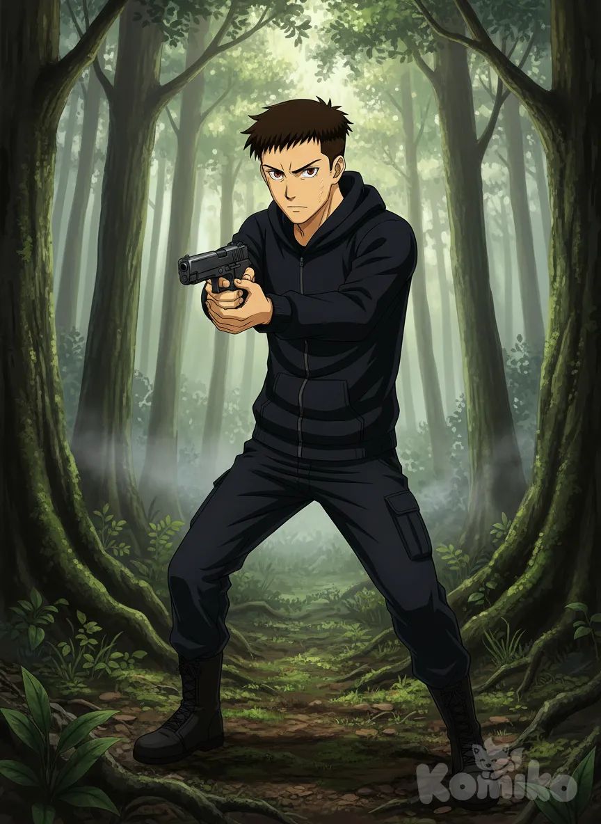 <raiden-kurogane-jbbB>, expressionless, holding gun, forest