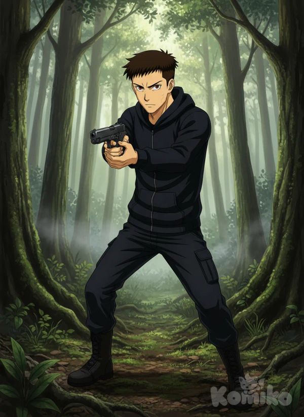 <raiden-kurogane-jbbB>, expressionless, holding gun, forest