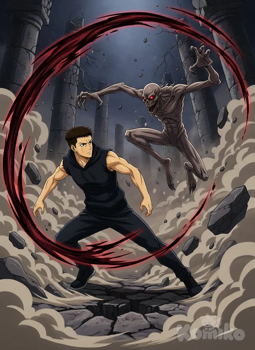 <raiden-kurogane-jbbB>Action: A Gaki (a monstrous creature) leaps at Raiden with its mouth open and claws extended. Raiden dodges with a quick sideways movement, leaving a trail of dark energy in its wake.

Expression: Total concentration, staring at the creature as he evades.

Outfit: Sleeveless sweatshirt, dark pants, body in athletic tension.

Lens: American shot (head to knees), ideal for showing both the combat pose and the Gaki in action.

Lighting: Rim lighting (highlighting the silhouettes during the collision), with red/black flashes of Raiden's energy.

Stage/Background: Ruins with falling debris, rising dust, and cracks in the ground from the impact of the Gaki's leap., anime style