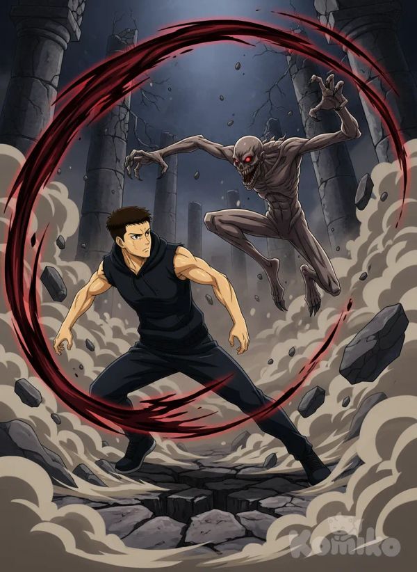<raiden-kurogane-jbbB>Action: A Gaki (a monstrous creature) leaps at Raiden with its mouth open and claws extended. Raiden dodges with a quick sideways movement, leaving a trail of dark energy in its wake.
Expression: Total concentration, staring at the creature as he evades.
Outfit: Sleeveless sweatshirt, dark pants, body in athletic tension.
Lens: American shot (head to knees), ideal for showing both the combat pose and the Gaki in action.
Lighting: Rim lighting (highlighting the silhouettes during the collision), with red/black flashes of Raiden's energy.
Stage/Background: Ruins with falling debris, rising dust, and cracks in the ground from the impact of the Gaki's leap., anime style