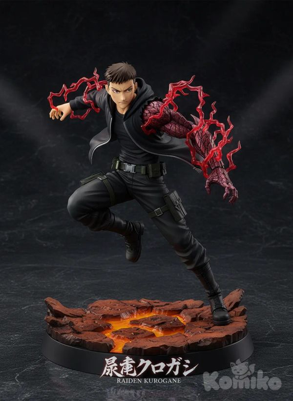 <raiden-kurogane-jbbB>"Epic anime action figure of Raiden Kurogane, dynamic pose, demonic arm glowing with crimson lightning, base with cracks and molten glow, product mockup, highly collectible figure"