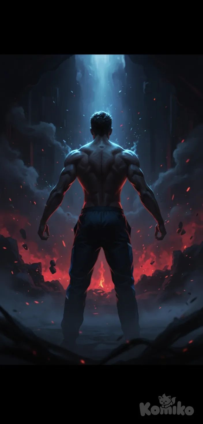 A dark epic wallpaper of a powerful muscular male silhouette seen from the back, standing in a mysterious dark environment. The scene is illuminated with dramatic blue and red glowing lights, with shadows emphasizing the V-shaped back. Mist, smoke and particles in the air create a cinematic atmosphere. The style is hyper-photorealistic mixed with digital painting, epic fantasy vibes, high contrast, ultra HD.
, anime style