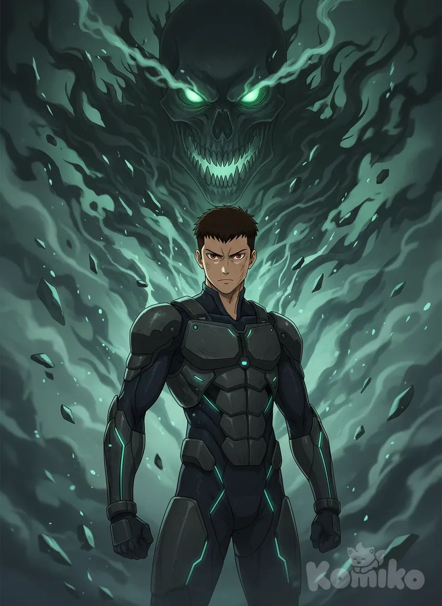 <raiden-kurogane-jbbB>He wears a dark, tight-fitting, futuristic combat suit with armor on his torso, arms, and legs.

Behind him appears a huge, monstrous silhouette, with a gigantic, menacing skull, glowing eyes, and sharp fangs. The creature gives the impression of emerging like a shadow or spirit accompanying him.

The atmosphere is intense and dramatic, with shades of green, blue, and gray, along with fragments or particles flying in the air, reinforcing the sense of action and danger., anime style
