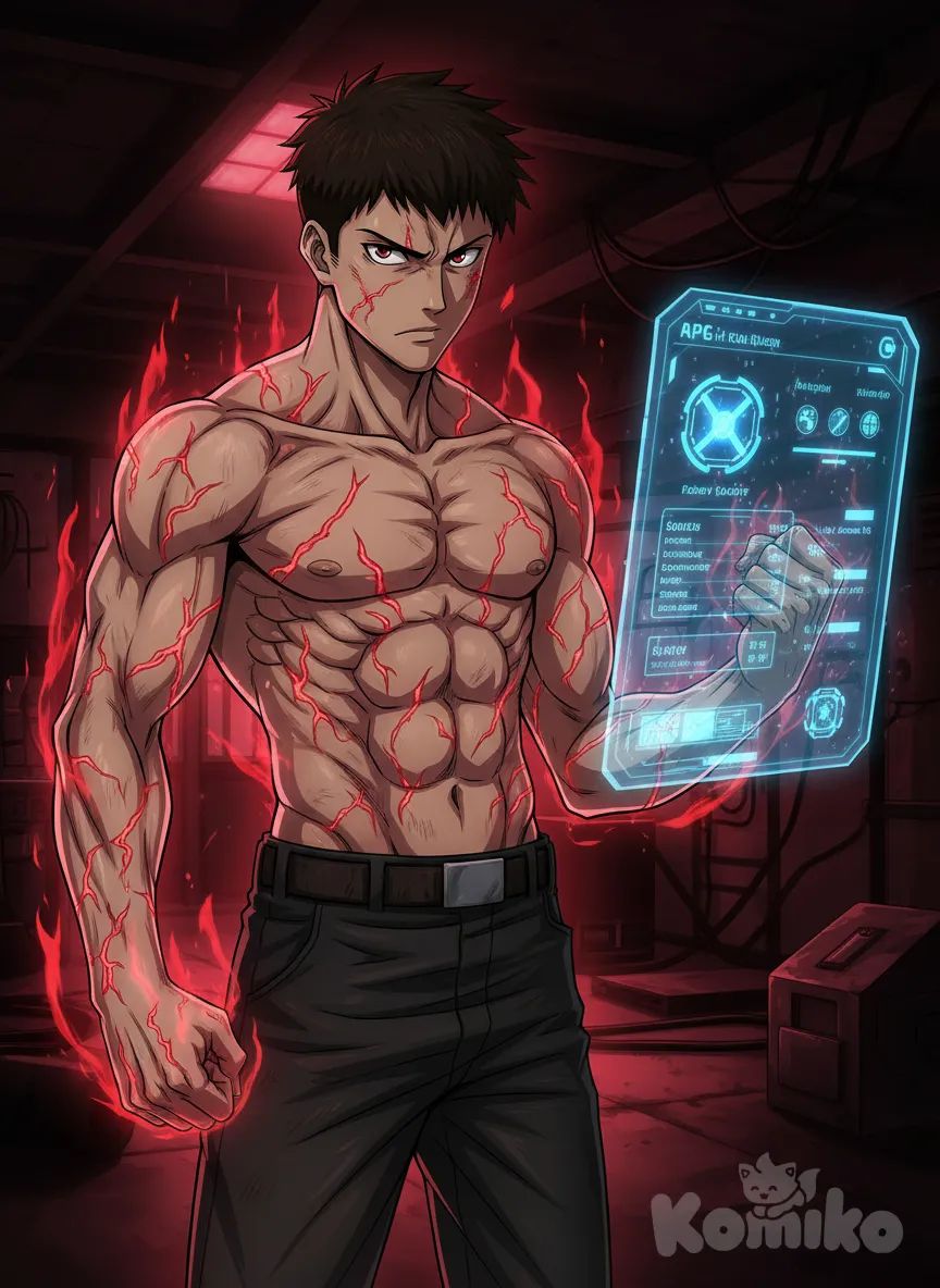<raiden-kurogane-jbbB>Adomax Draven, dark-haired and disheveled, shirtless, with glowing red scars and crimson runes on his chest and arms, standing in a dark, red-lit military training base. A large blue holographic panel from an RPG system floats beside him displaying stats and skills in glowing text. Crimson energy swirls around his fists like fire. His eyes glow red with determination. Dramatic cinematic lighting from below, epic atmosphere, ultra-high contrast, sharp focus, poster-like composition., anime style
