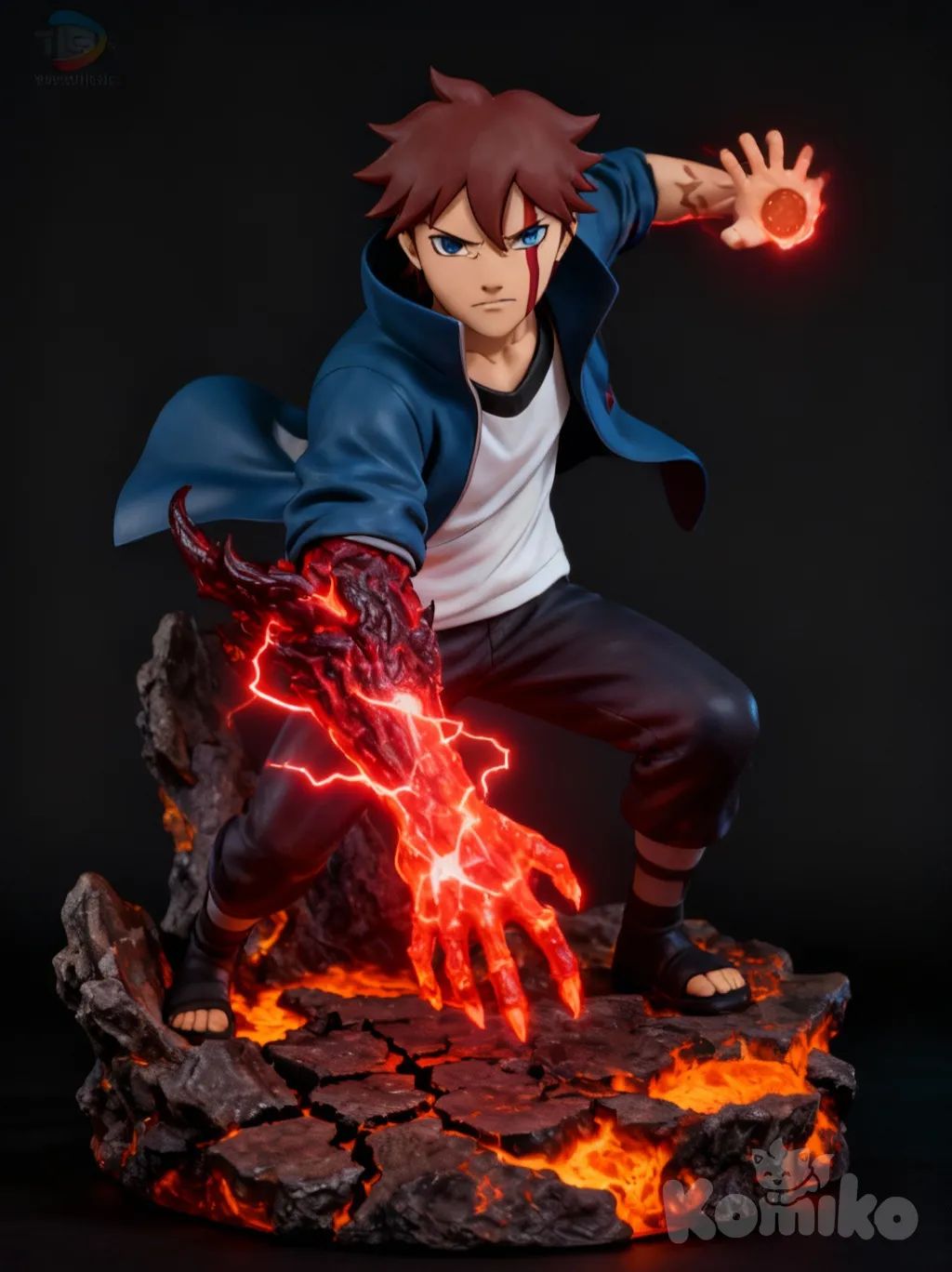 <tora-orengi-rtnG>"Epic anime action figure of Tora Orengi, dynamic pose, demonic arm glowing with crimson lightning, base with cracks and molten glow, product mockup, highly collectible figure"