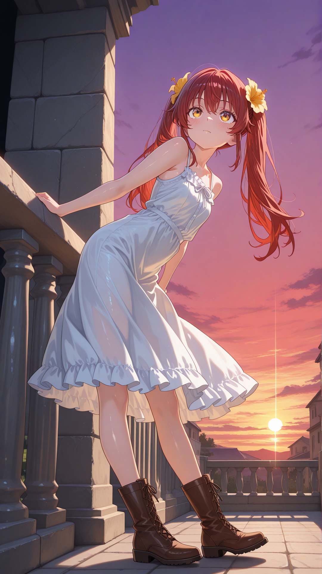 Paprika in white sundress, castle sunset