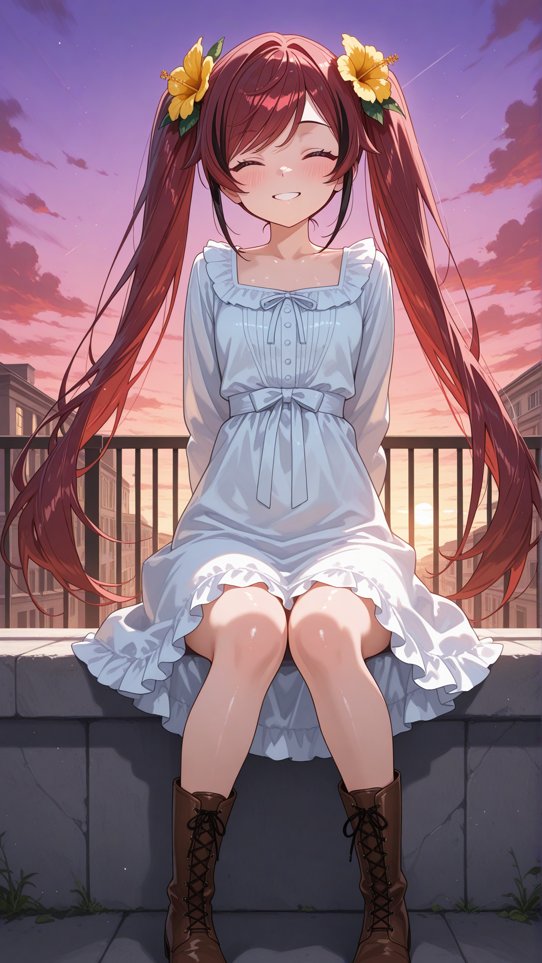 Paprika in white sundress smiling and sitting