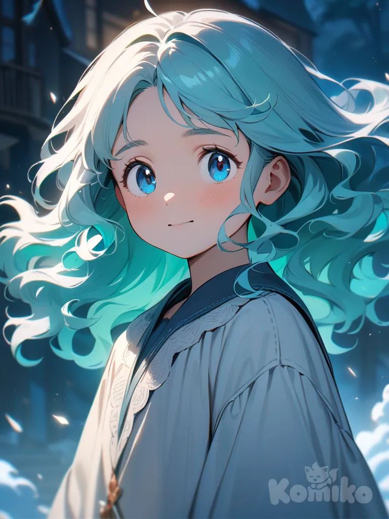 studio ghibli, wavy hair, jade colored hair, blue diamond eyes