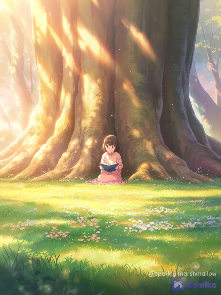 A cute anime girl sitting under a giant ancient tree reading a book, golden hour sunlight filtering through leaves, soft pastel colors, studio ghibli style.