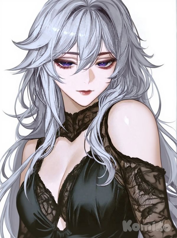 1girl, genshin_impact, original_character, demon, vampire, teenager, curvy, purple_eyes, fair_skin, black_dress, lace, silver_hair, long_hair, single character, full body, looking at viewer, anime style, simple background, white background