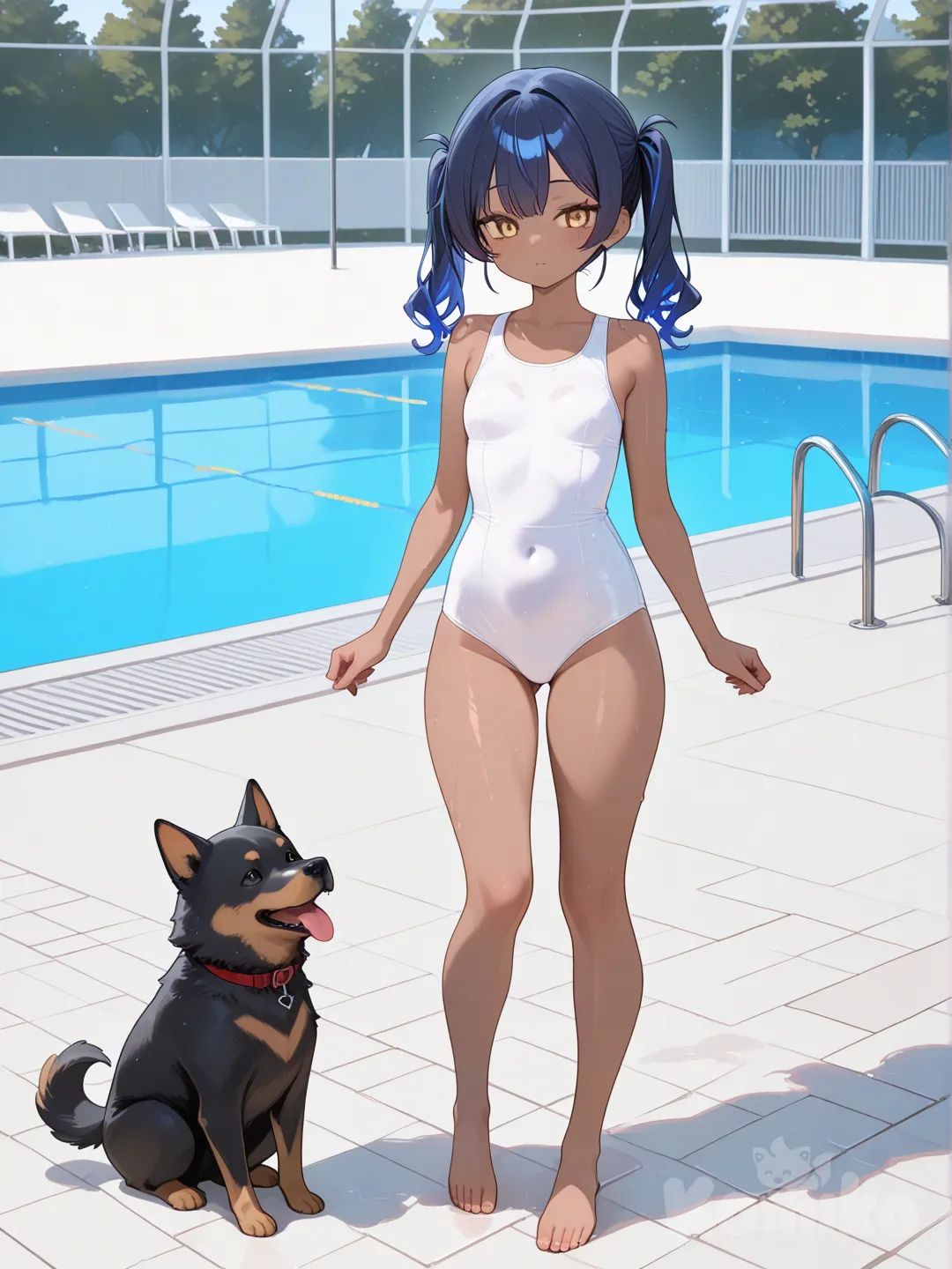 dark-skinned female, yellow eyes, dark blue Hair, twin ponytail, white one-piece swimsuit, dog, pool, standing, full body