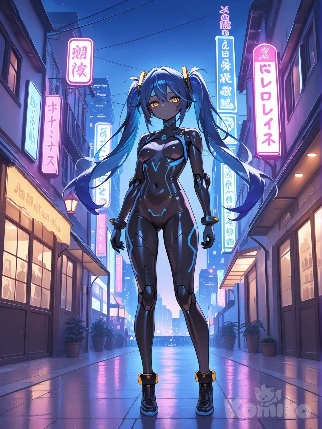 robot girl, Black body, BLUE Hair yellow eyes twin ponytail long, stnding, city night, full body