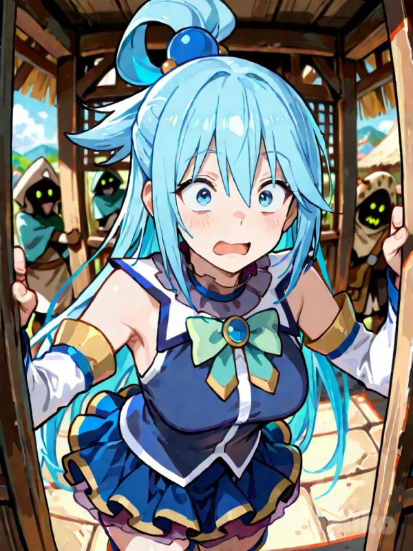 Aqua from Konosuba, walking through a lively village, full body, surrounded by many villagers. She is wearing her exact iconic anime outfit from the series—blue mini-dress, white stockings, gloves, ribbon, and boots—but every part of the clothing is made from magical water or an ultra-transparent material, making it completely see-through. Her bare breasts, nipples, and pussy and vulva are all clearly visible through the transparent outfit, along with her neatly trimmed blue pubic hair. Aqua’s face is deeply embarrassed and blushing, looking shy and nervous as she walks, while trying in vain to cover herself. Villagers all around her turn to stare, with expressions of shock, amazement, and curiosity. The background is a vibrant, colorful fantasy village, with houses, market stalls, and cobblestone streets. The see-through water outfit shimmers in the sunlight, refracting light over Aqua’s glossy skin and blue hair. Highly semi-realistic anime style, by WLOP, Greg Rutkowski. Artistic nudity, NSFW, uncensored, full body, vivid colors, extremely anatomy, transparent outfit, crowd reactions, embarrassed expression, magical and elegant atmosphere.
