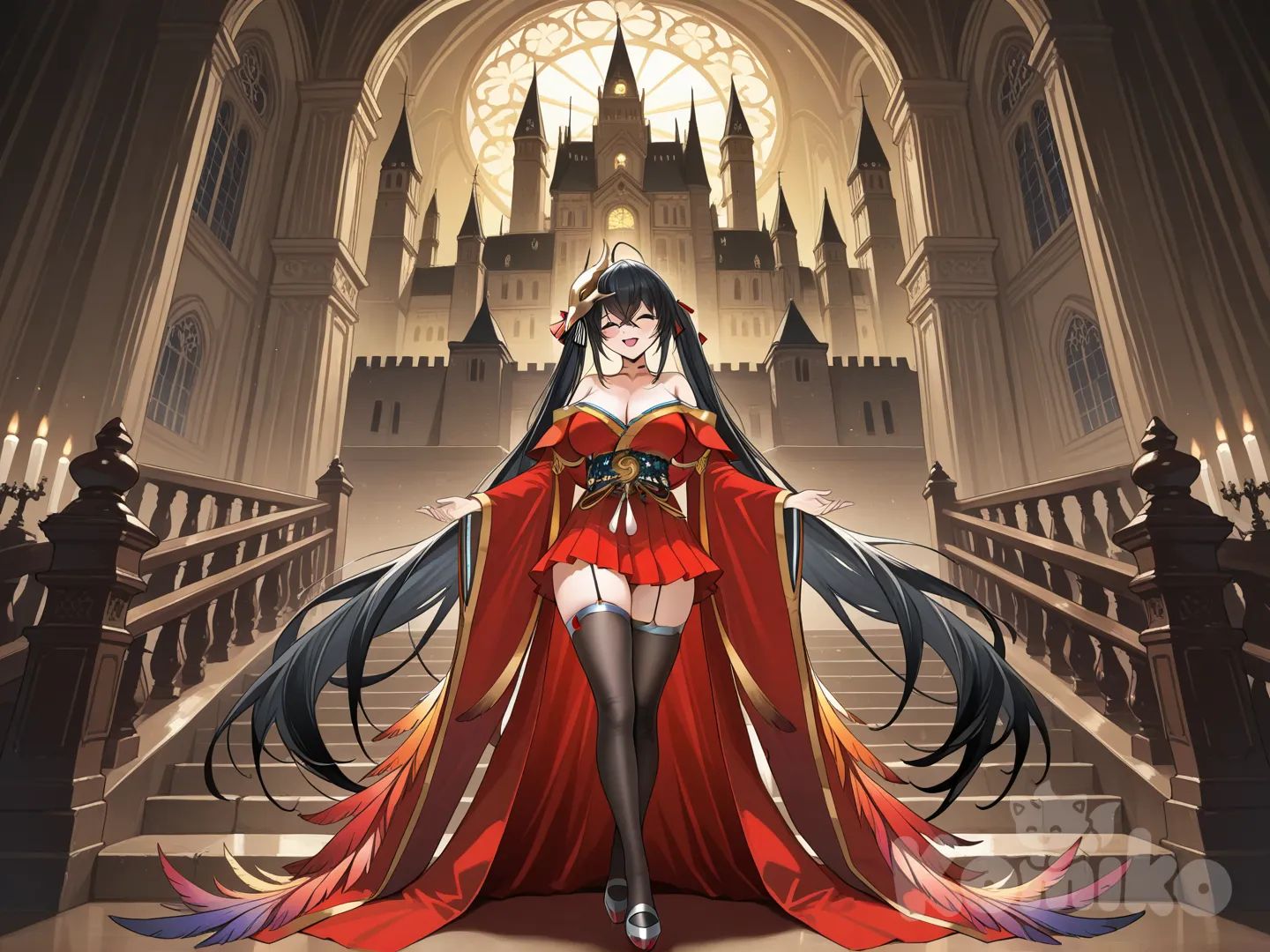 @Taihou_(Azur_Lane), one eye closed, full body, top light, castle