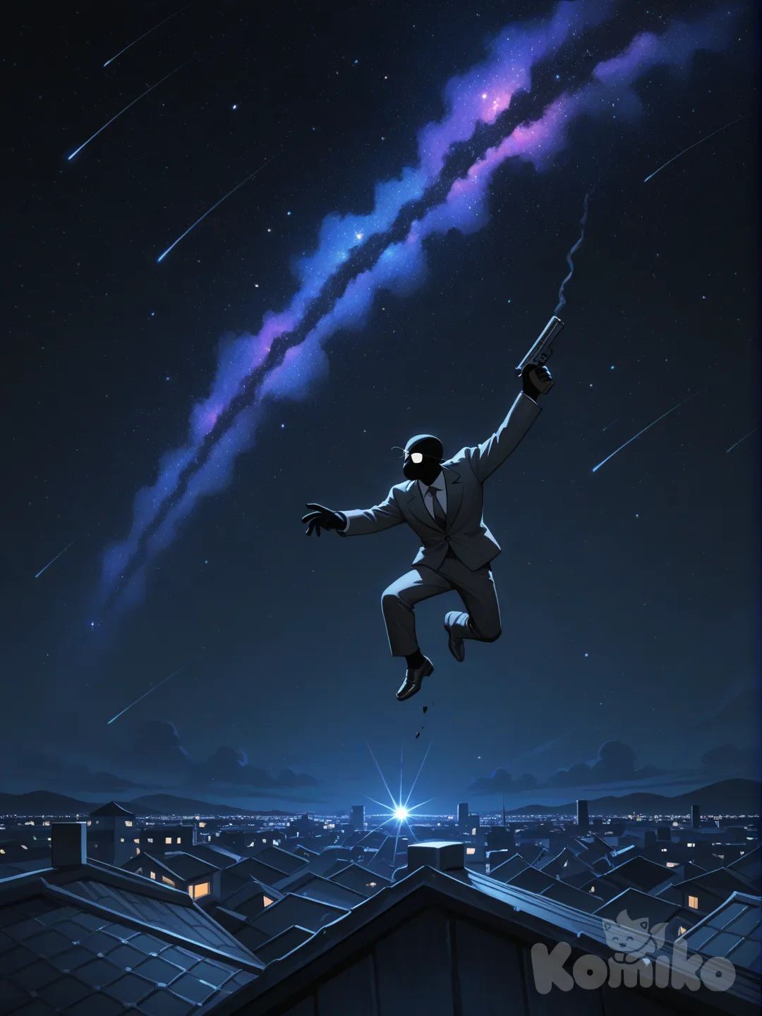 @Spongebob_Squarepants, holding gun, jumping from rooftop, suit, eye patch, charcoal black, cosmic background, neon lights, night