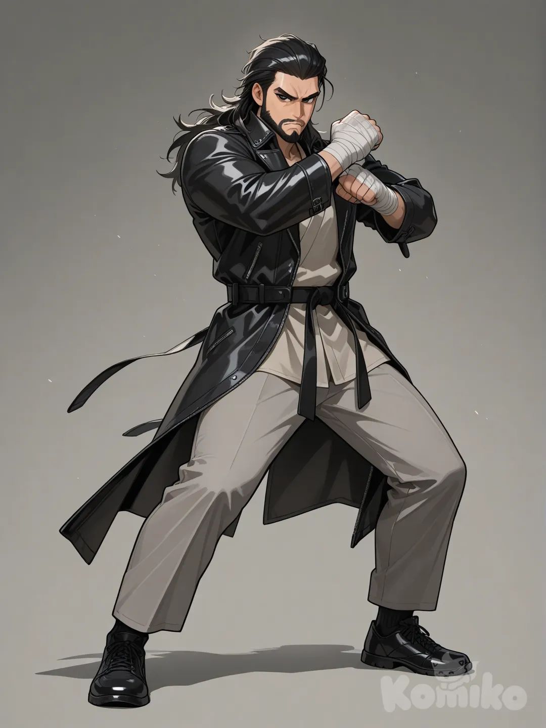 Haz a un hombre como de 30 años con barba , de cabello Negro largo hacia atrás ojos negros , que este usando una chaqueta negra de cuero larga parecido a una gabardina con unos pantalones de artes marciales tipo karate de color gris oscuro y su cinturón negro musculoso pero delgado, que este haciendo una pose de boxeo estilo ortodoxo en los puños tiene que tener unas vendas negras , tiene que verse serio casi enojado pero tranquilo como esperando pelear listo para pelear