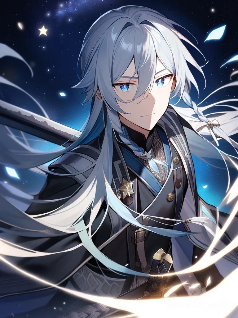 1boy, Hoshino Sakuya, starlight breath, night-sky blue hair, long hair, silver streaks, waist-length hair, silver hair highlights, silver ribbon, starry eyes, midnight blue eyes, star pupils, tall, slender, noble aura, sword, katana, black steel blade, star pattern guard, moonstone handle, North Star sheath, thin pale scar, elegant face, androgynous beauty, calm demeanor, no facial hair, deep blue haori, constellation pattern, ear cuff, moonstone earring, silver watch, family crest, compass, paper stars, single character, full body, looking at viewer, anime style, simple background, white background