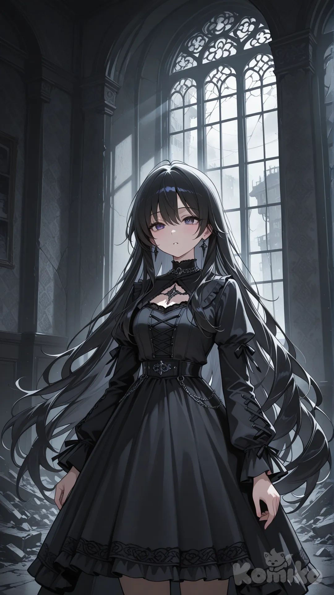Anime girl in abandoned building, dark romantic anime, cinematic lighting, foggy atmosphere, moody and emotional, highly wallpaper