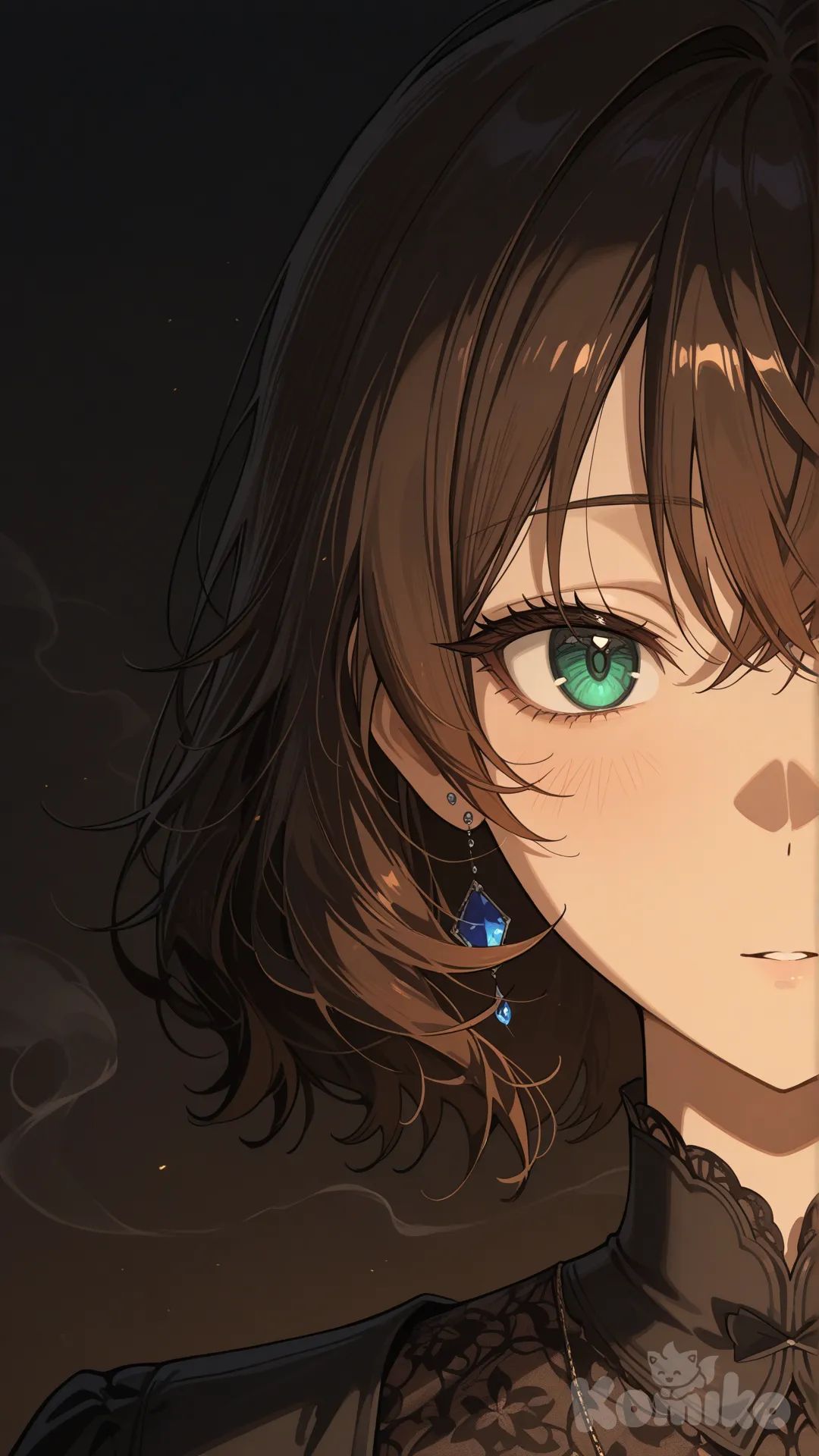 Anime solo character surrounded by soft smoke, dark aesthetic, romantic anime vibes, cinematic lighting, emotional and moody, wallpaper