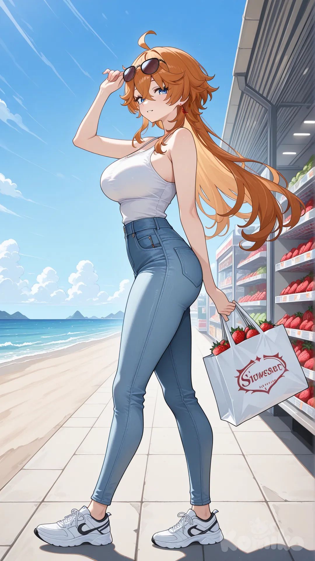 Tartaglia (Genshin Impact) as a longhair woman big sister style

#big sister style , good figure , 

#side view 

 # upper body (Focus on the upper body, from the waist up.)

#looking at viewer #full body#, up view , #full body ,from above , day , funny , relaxed, anime style , 

#cool post

, white Thin tank top, jeans, running shoes, sun glasses

relax , Taking a stroll, walking on a sidewalk , on a midnight sunnyday , in the super market carrying a bag full of strawberry in her hands., It has a view of the sea and beach as a backdrop