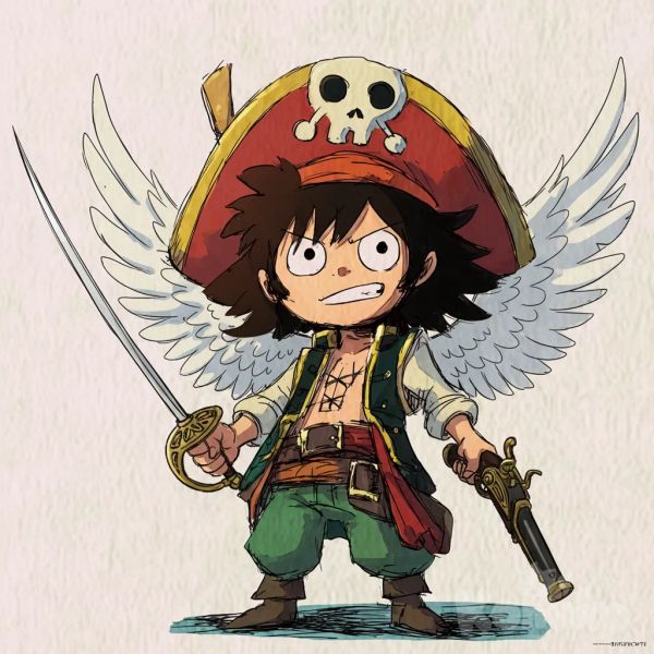 Small pirate man, wings, rapier, pistol