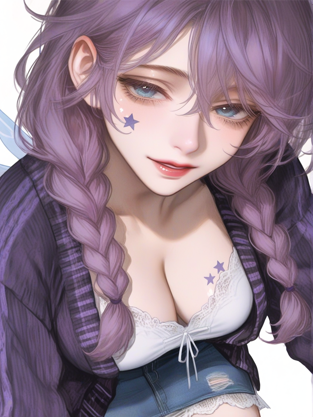 [semi-realistic-portrait-style] 1girl, realistic, mature, teenager, curvy, purple_hair, braids, bright_blue_eyes, star_tattoo on_cheek, knitted_cardigan, denim_skirt, lace, pastel_purple_fairy_wings, single_character, full_body, looking_at_viewer, simple_background, white_background