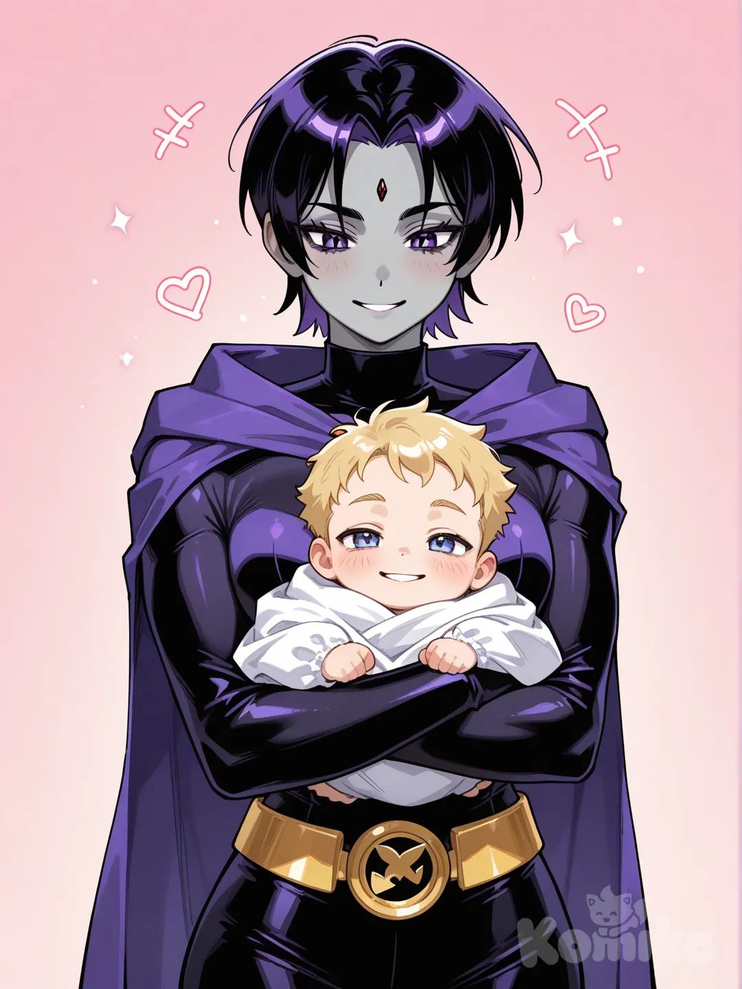 raven (dc), and beastboy holding a baby in their arms